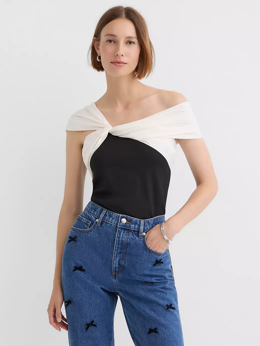 LOFT Black One-Shoulder Top with Cream Twist Detail MP
